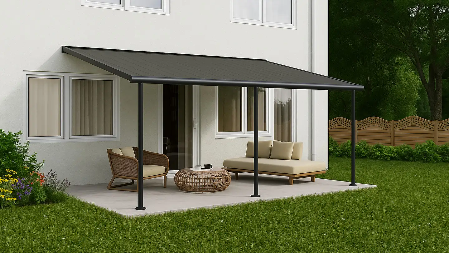 Patio Canopy attached to the side of a building given sun cover to the patio underneath