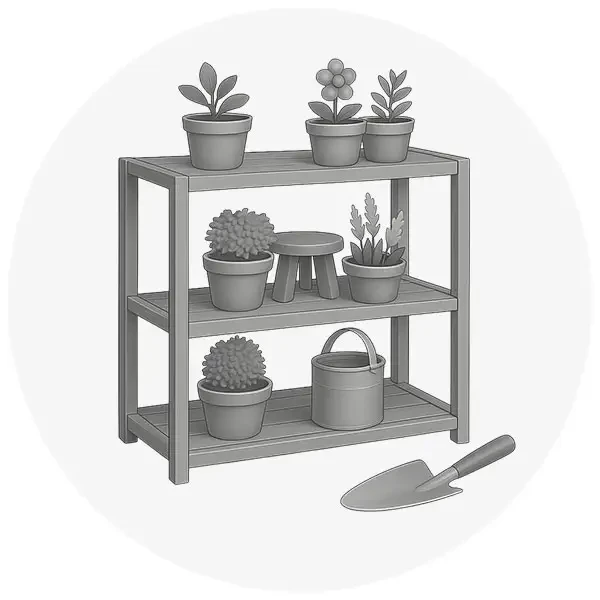 Icona grigia con illustrazione di scaffali per serra da giardino